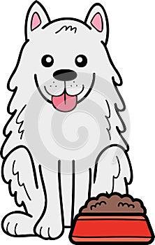 Hand Drawn Samoyed Dog with food illustration in doodle style