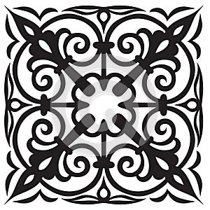 Hand-drawn sample for tile in oriental style in black and white colors. Italian majolica