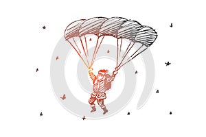 Hand drawn Santa Claus flying down on parachute