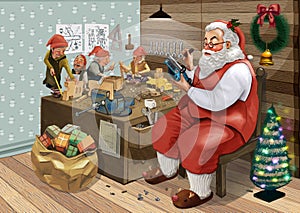 Hand drawn Santa Claus making Christmas presents with his elves in a workshop photo