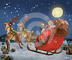 Hand drawn Santa Claus riding a sleigh delivering presents