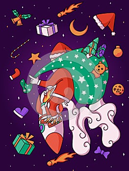 Hand drawn santa claus and rocket illustration