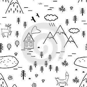 Hand drawn scandinavian landscape with animals, trees, lake, and mountains, seamless pattern. Scandinavian style