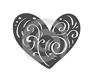 Hand drawn scandinavian Velentines Day heart with ornament flourish icon silhouette. Vector Simple contour valentine