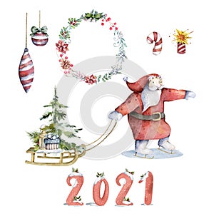 Hand drawn scandinavian watercolor illustrations 2021 set of Christmas Santa, cute little Gnomes isolated. Merry Christmas winter