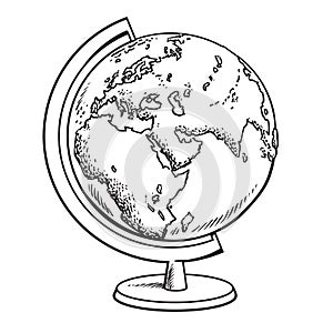 Hand drawn school globe. Model of Earth.Geography icon. Black and white sketch vector illustration isolated. photo