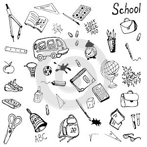 Hand drawn school items set