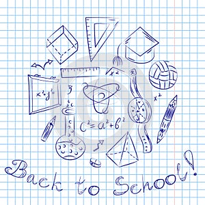 Hand Drawn School Symbols. Children Drawings of Ball, Books,Pencils, Rulers, Flask, Compass, Arrows Arranged in a Circle on a Shee