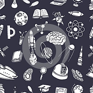 Hand-drawn scientific doodles seamless pattern.