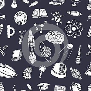 Hand-drawn scientific doodles seamless pattern.