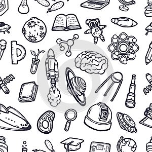 Hand-drawn scientific doodles seamless pattern.