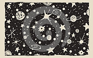 Hand drawn scratch style night sky background. Space, stars and planets
