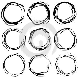 Hand drawn scribble grunge circles. Doodle sketch round frames. Broken distorted line with ripple effect. Vector