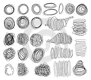 Hand drawn scribbles collection. Black pencil curly lines, drawing squiggles, curvature strokes. Scrawl vector textured