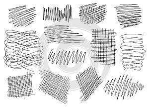 Hand drawn scribbles set. Black pencil curly lines, drawing squiggles, curvature strokes. Scrawl textured elements