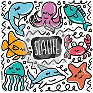 hand drawn sea life doodle set