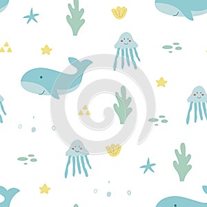 Hand drawn sea life seamless pattern. Unique marine life objects. Save the ocean texture. Doodle underwater seascape