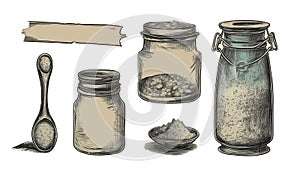 Hand drawn sea salt in jars and vessels, seasoning spoon. Set. Vintage sketch, retro poster. AI generated