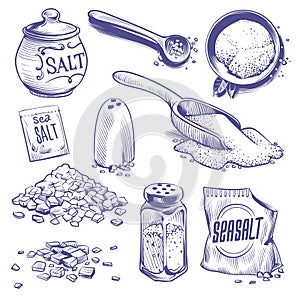Hand drawn sea salt. Salting crystals, himalayan salt sketch. Sodium spices powder ingredient, seasoning packaging photo