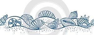 Hand drawn sea shells in the sand, seamless pattern, border. Illustration of blue seashells on a white background