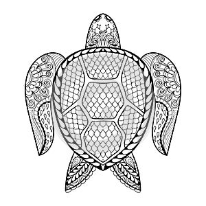 Hand drawn sea Turtle for adult coloring pages in doodle, zentangle tribal style, Mehndi ethnic ornamental tattoo, henna pattern