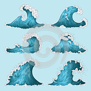 Hand drawn sea wave. Sketch ocean storm waves, marine water splash isolated design elements. Vector cartoon wave set photo
