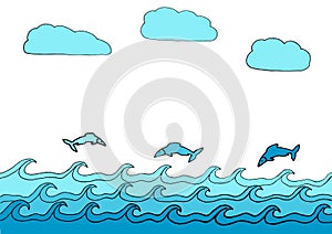 Hand Drawn Sea Waves with Fish Jumping out of Water