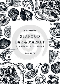 Hand-drawn seafood and fish vector menu template. Hand sketched cooked sea food illustrations. Vintage shellfish hand-drawing.