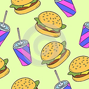 Hand-drawn seamless american fast food pattern. Vector illustration