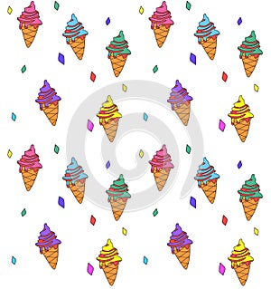 Hand drawn seamless background with colofrul icecreams and crystals.