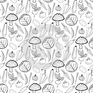 Hand drawn seamless background of healthy vegetables. Vector illustration in doodle style. Vegetarian food. Black and white patt