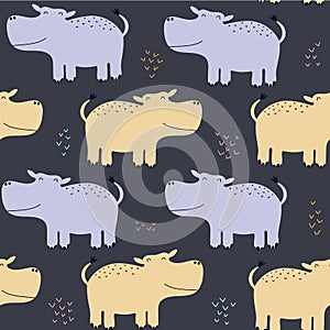 Hand drawn seamless background with hippos