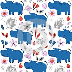 Hand drawn seamless background with hippos and flowers