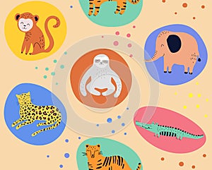 Hand drawn seamless background with monkeys, sloths, elephans, leopards, crocodiles and tigers