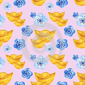 Hand drawn seamless background pattern gold and flower inspired by chinese Korean and Japan kimono yukata background backdrop