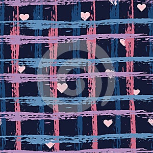 Hand-drawn seamless checkered pattern with brush strokes and hearts .Blue and pink stripes on  dark blue background.