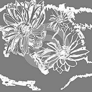 Hand drawn seamless chrysanthemum flowers pattern painting. Ink botanic illustration on blue background. Postcard, wallpaper, fabr photo