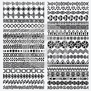 Hand drawn seamless ethnic line border set