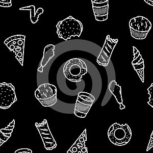 Hand-drawn seamless fast food pattern. Vector illustration.