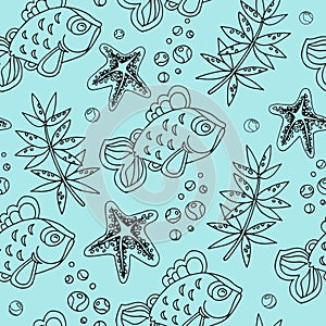 Hand drawn seamless fish pattern with starfish, bubbles and seaweed on blue color background