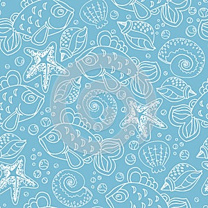 Hand drawn seamless fish pattern with starfish, bubbles, shells and seaweed on blue color background