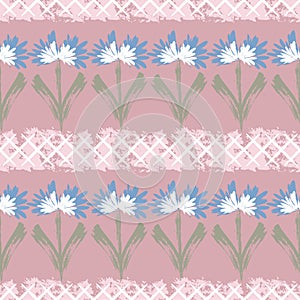 Hand-drawn seamless floral pattern with  daisies and brush strokes .Colorful composition in country style.