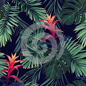 Hand drawn seamless floral pattern with guzmania flowers, monstera and royal palm leaves. Exotic hawaiian vector