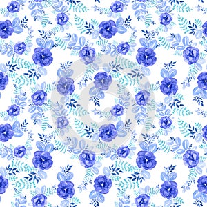 Hand drawn seamless floral pattern with many blue roses and wild plants on white background.