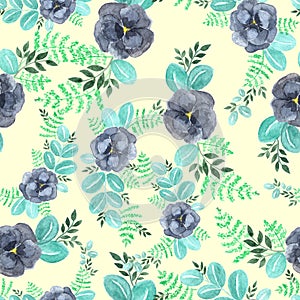 Hand drawn seamless floral pattern with many roses with grey petals and wild green plants