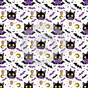 Hand drawn seamless Halloween ornament pattern on white background with black cats and bats.