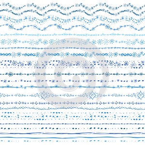 Hand drawn seamless line border set.Winter Doodle