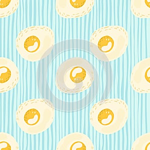 Hand drawn seamless meal pattern with eggs silouettes. Omelette healthy breakfast flat backdrop. Blue stripped background