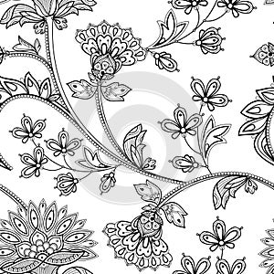 Hand drawn Seamless Monochrome Floral Pattern in Indian mehendi