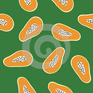 Hand drawn seamless patten with papayas on green background.